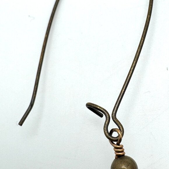 Handcrafted Bronze Filigree Opaque Aqua Teardrop Earrings Long Ear Wires - Picture 6 of 8